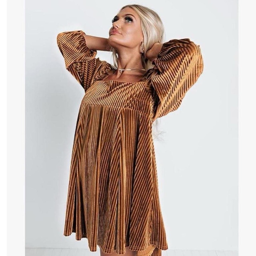 Womens Loose Square Neck Long Sleeve Velvet Mini Babydoll Dresses Shift Dress